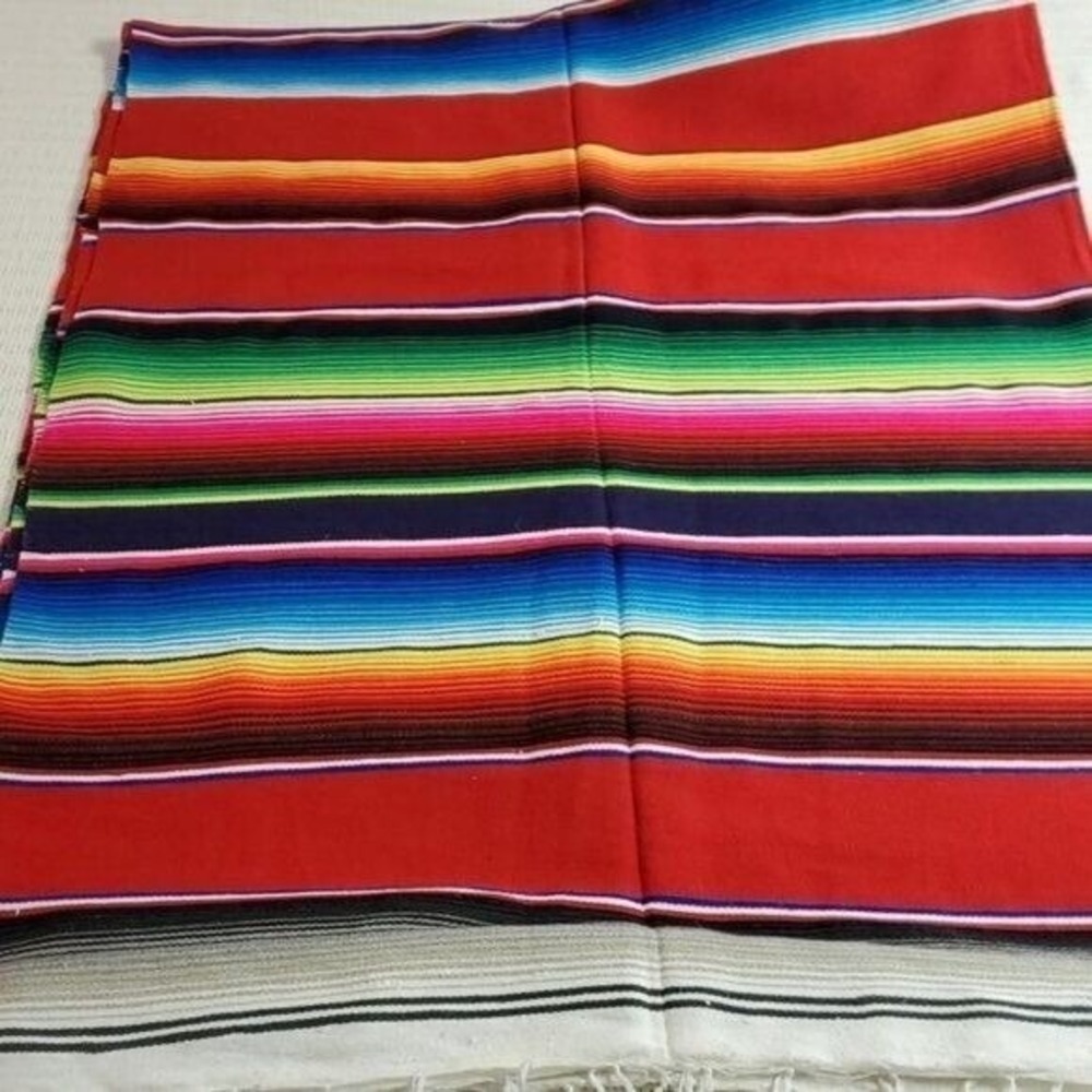 Vel Mex Mexico Colorful Rainbow Vintage Sz. 64"x89" Throw or Blanket w Tassels